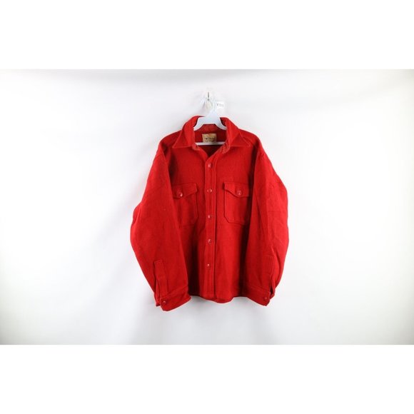 Vintage 40s Mens Large Distressed Wool Double Pocket Button Shirt Jacket Red USA